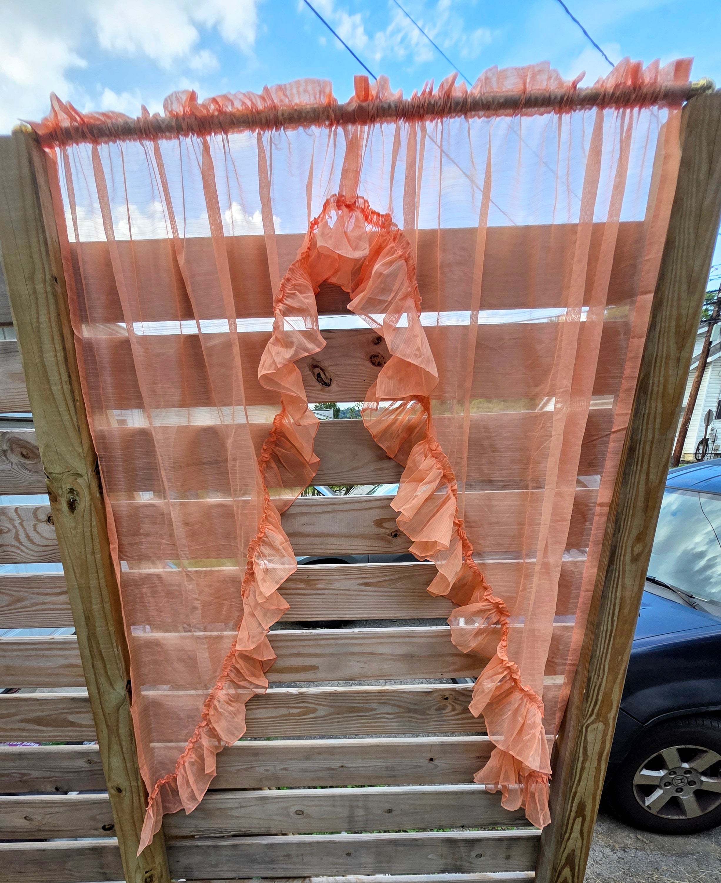 Vintage Ruffled Sheer Curtain Panels Tiered Peach Coral 43x63 Cottagecore
