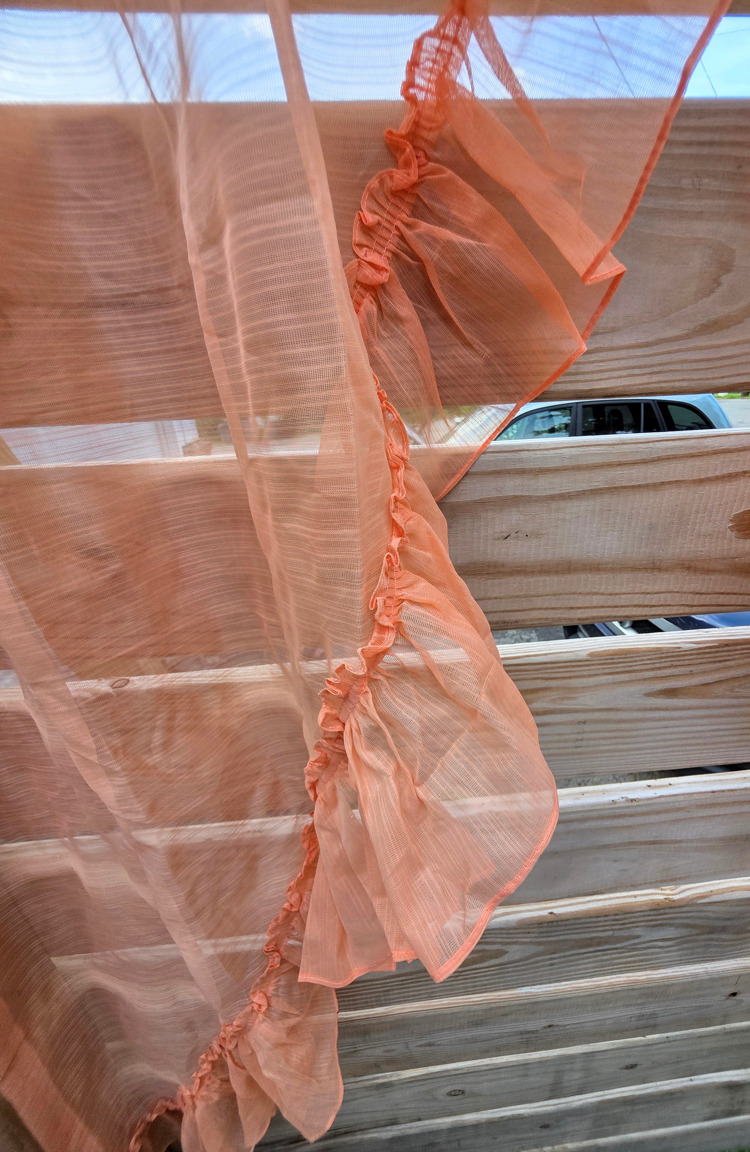 Vintage Ruffled Sheer Curtain Panels Tiered Peach Coral 43x63 Cottagecore