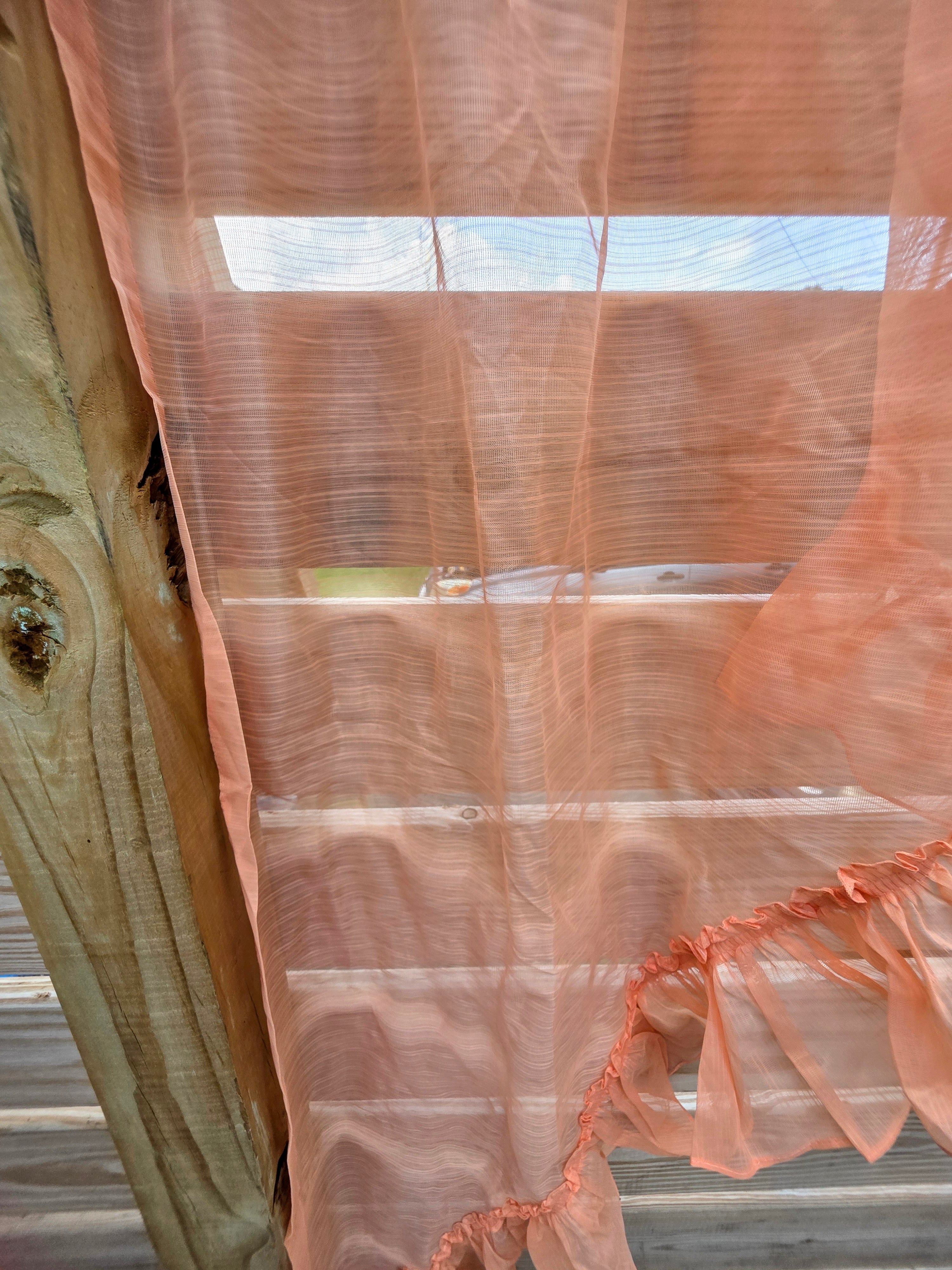 Vintage Ruffled Sheer Curtain Panels Tiered Peach Coral 43x63 Cottagecore