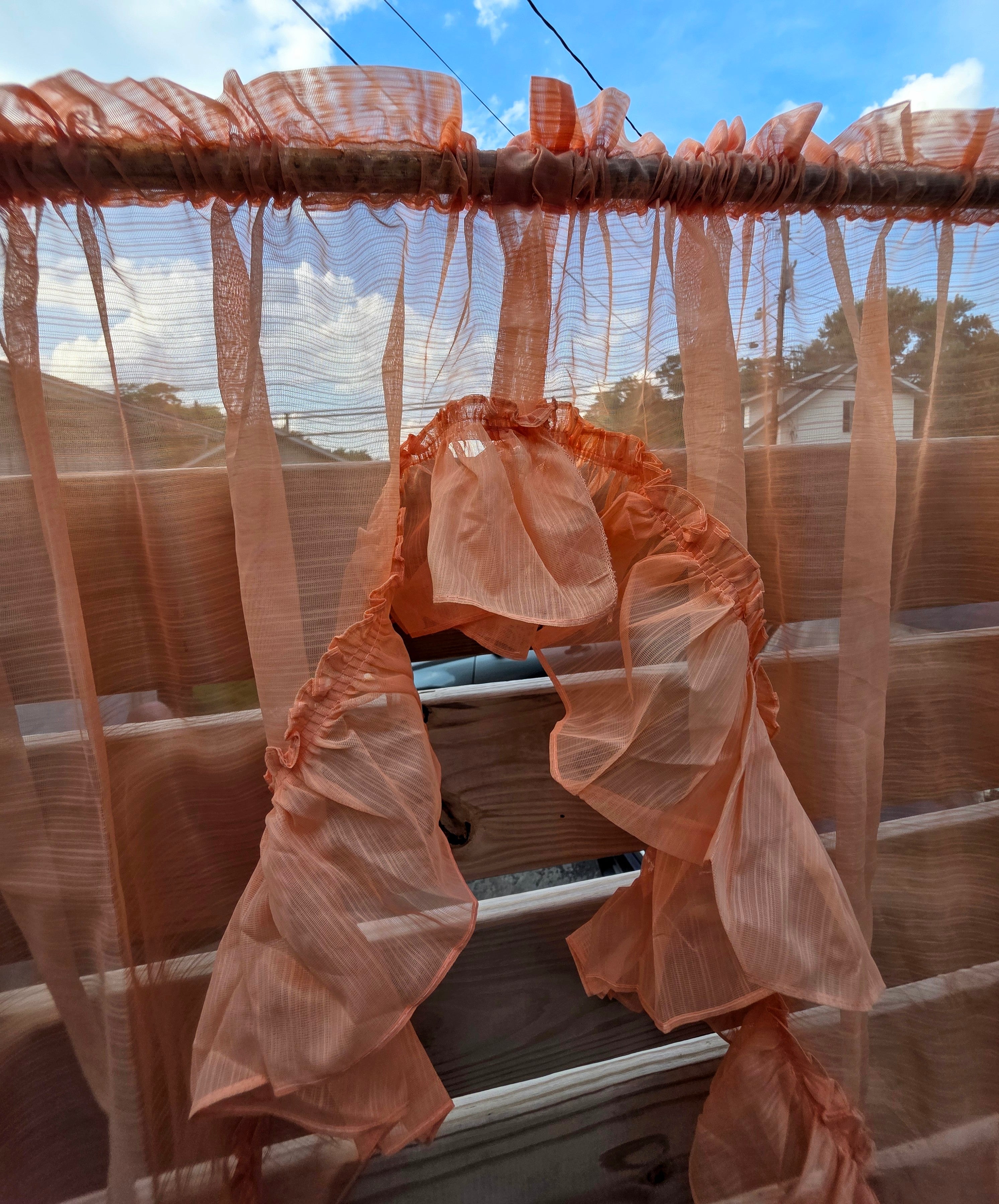 Vintage Ruffled Sheer Curtain Panels Tiered Peach Coral 43x63 Cottagecore