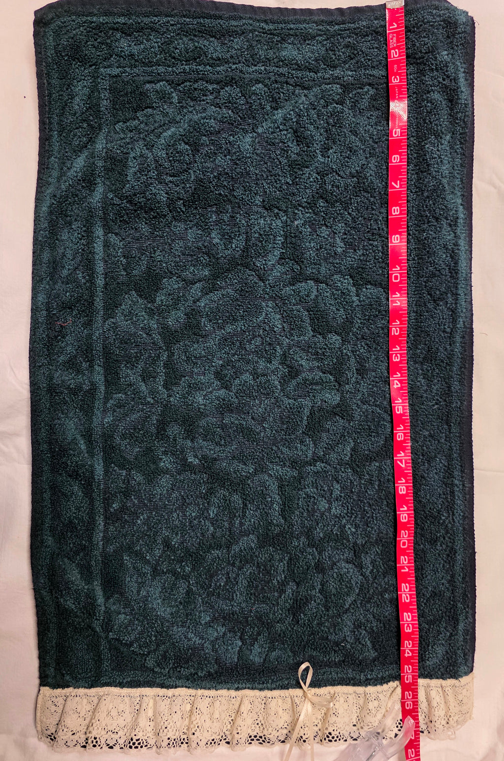 Vintage Hunter Green Lace Trim Hand Towels Washcloth Set Bows Bath 3 Pc