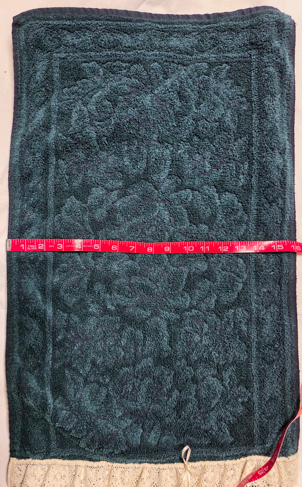 Vintage Hunter Green Lace Trim Hand Towels Washcloth Set Bows Bath 3 Pc