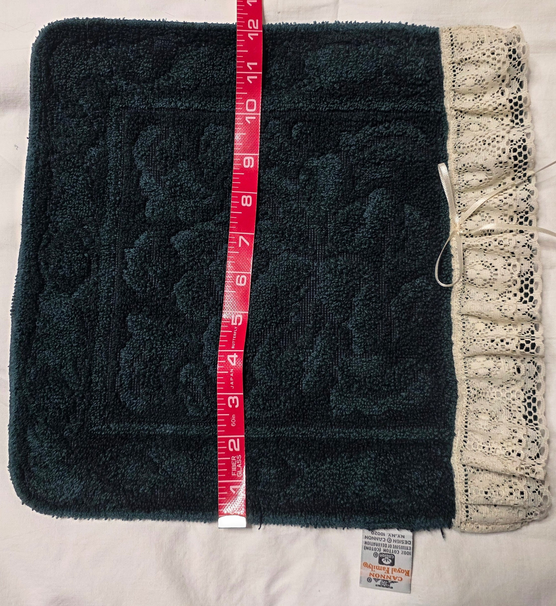 Vintage Hunter Green Lace Trim Hand Towels Washcloth Set Bows Bath 3 Pc