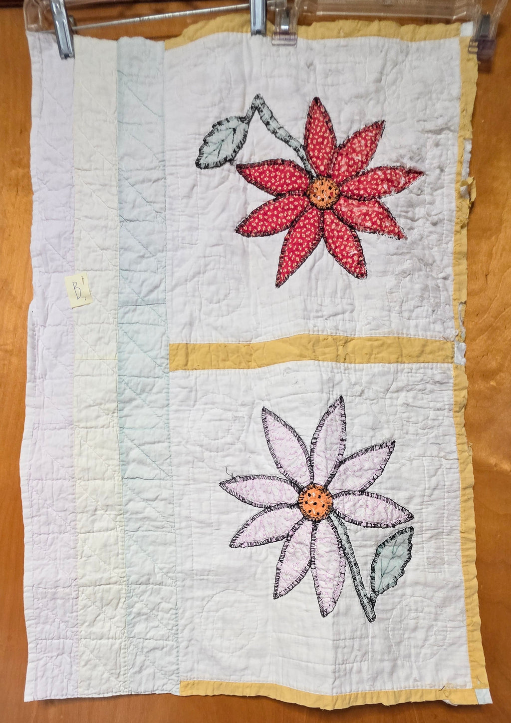 Vintage Cutter Quilt Fragment 28 X 18 Hand Appliqué Flowers 40's Cotton B