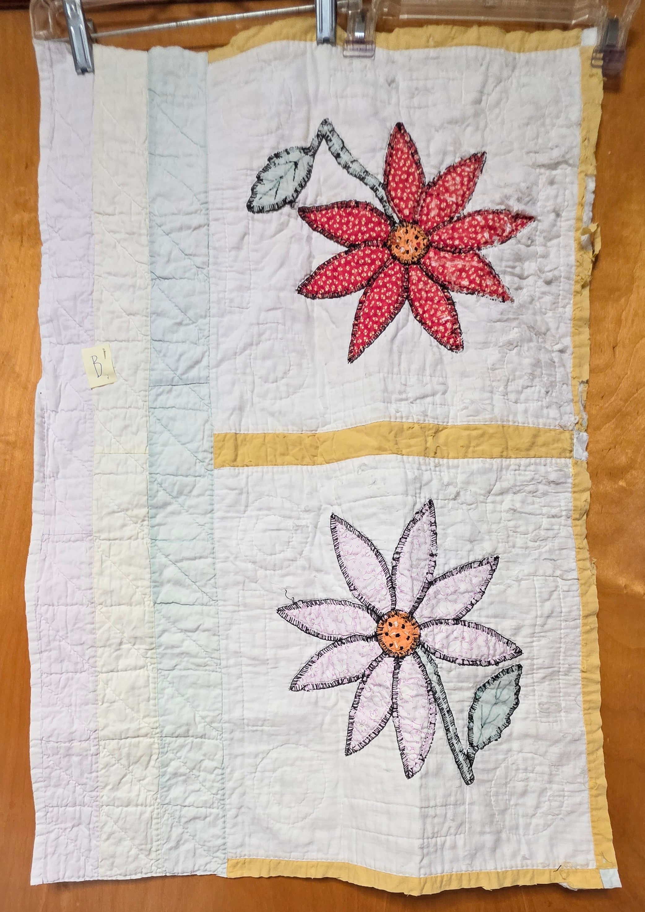Vintage Cutter Quilt Fragment 28 X 18 Hand Appliqué Flowers 40's Cotton B