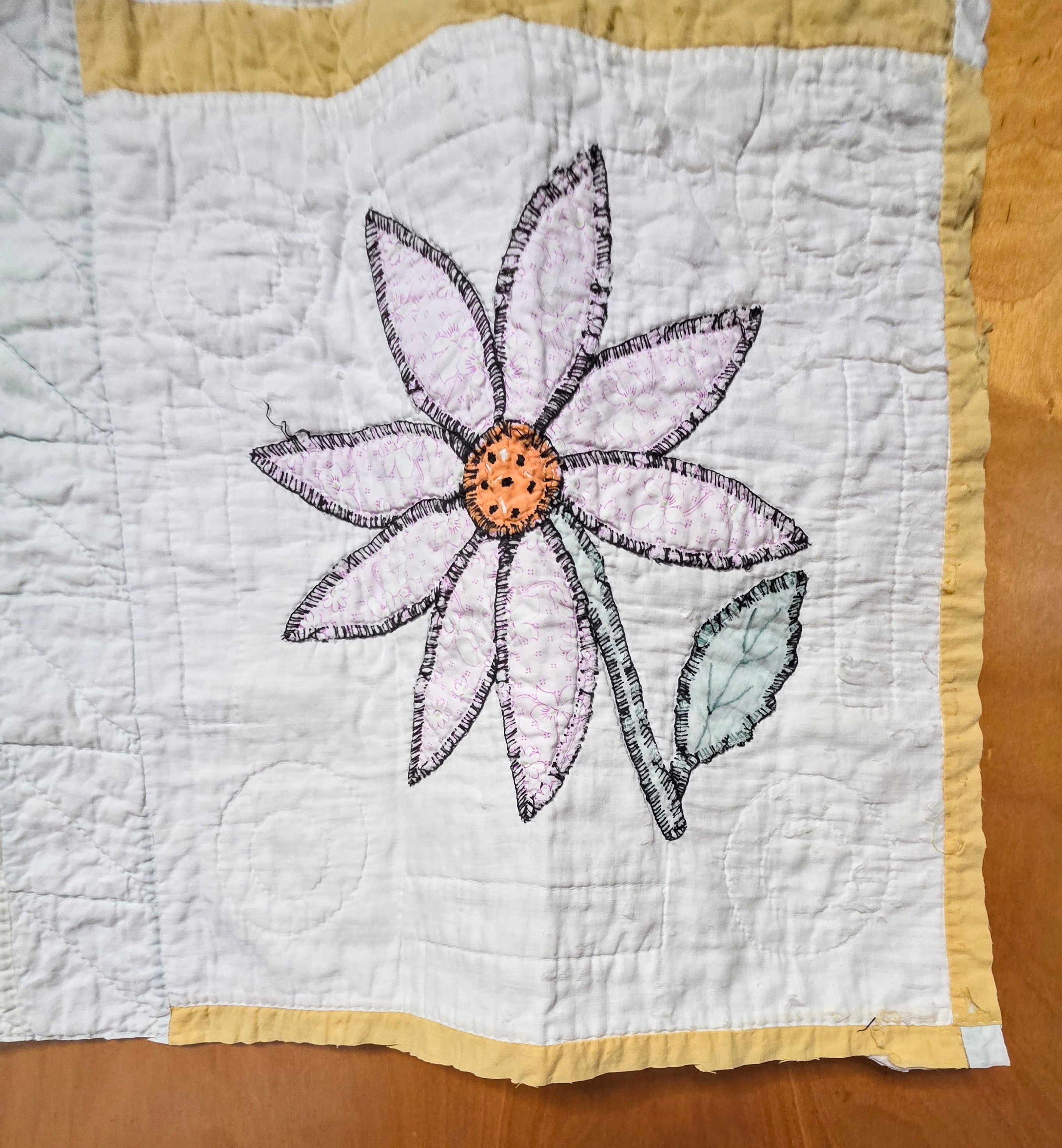 Vintage Cutter Quilt Fragment 28 X 18 Hand Appliqué Flowers 40's Cotton B
