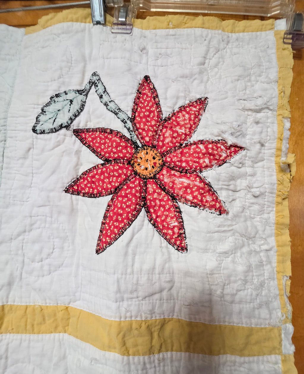 Vintage Cutter Quilt Fragment 28 X 18 Hand Appliqué Flowers 40's Cotton B