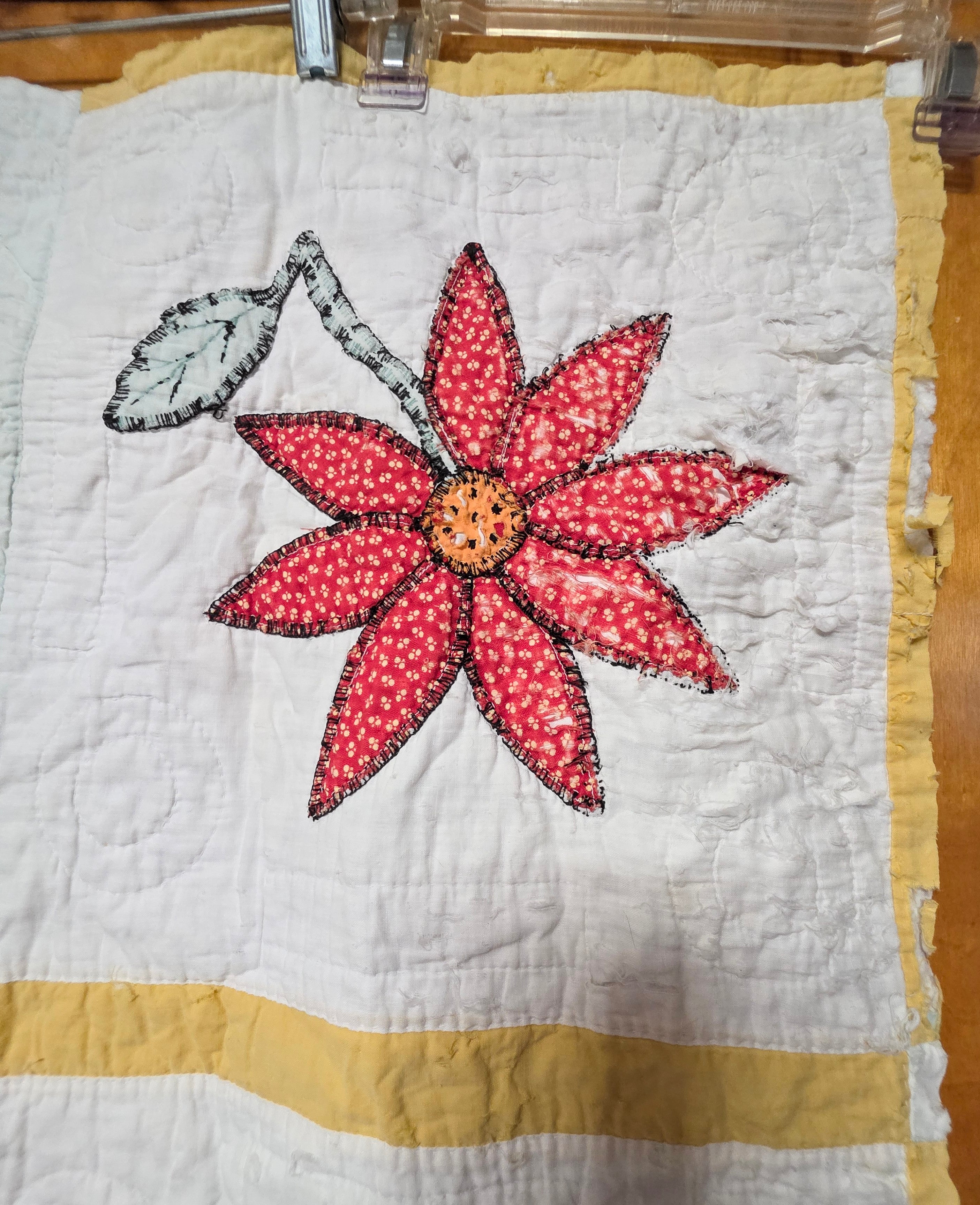Vintage Cutter Quilt Fragment 28 X 18 Hand Appliqué Flowers 40's Cotton B