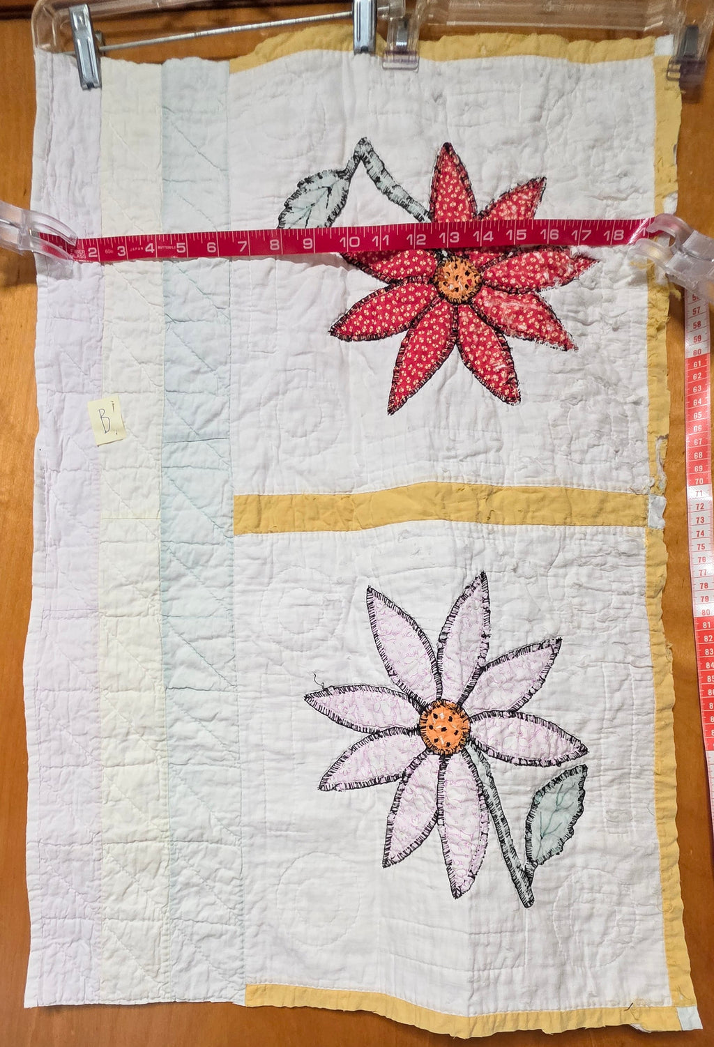 Vintage Cutter Quilt Fragment 28 X 18 Hand Appliqué Flowers 40's Cotton B
