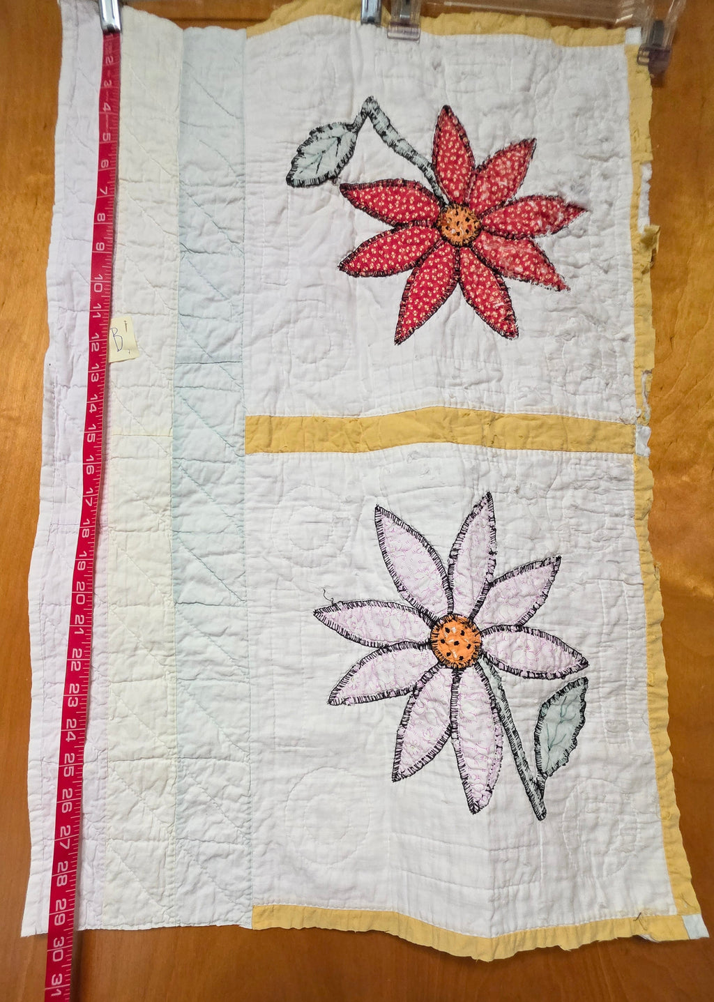 Vintage Cutter Quilt Fragment 28 X 18 Hand Appliqué Flowers 40's Cotton B