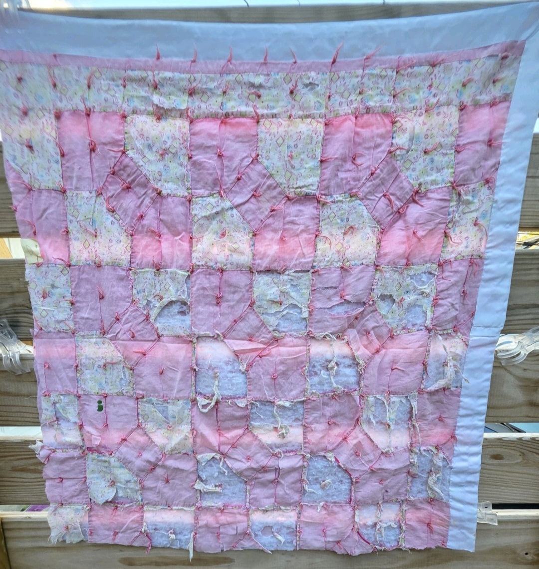 Vintage Hand Pieced Tied Bow Tie Pink Quilt Fragment 28x31 Cottage Farmhouse D