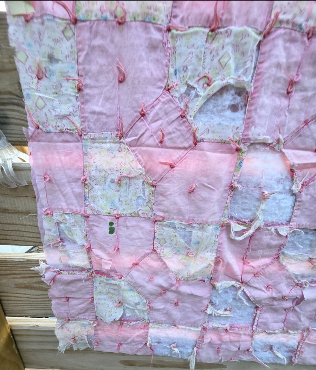 Vintage Hand Pieced Tied Bow Tie Pink Quilt Fragment 28x31 Cottage Farmhouse D