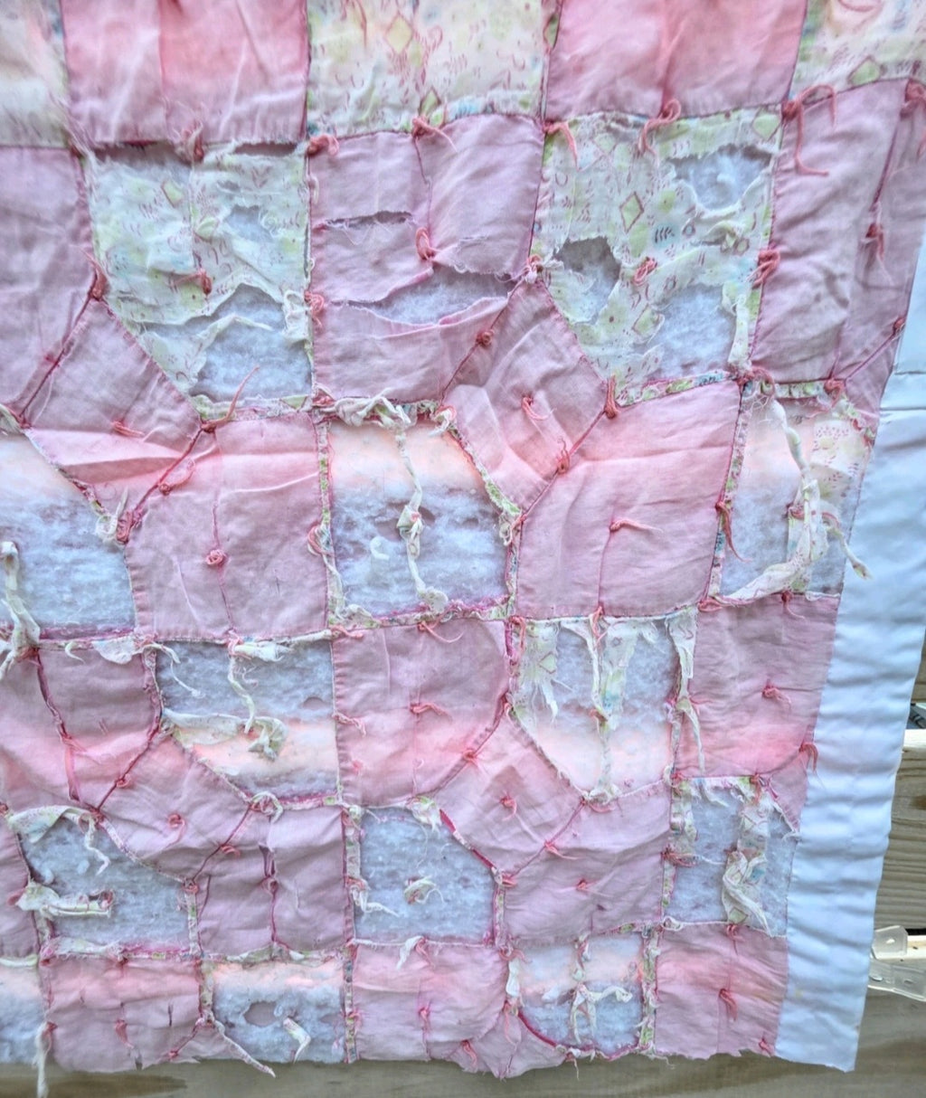 Vintage Hand Pieced Tied Bow Tie Pink Quilt Fragment 28x31 Cottage Farmhouse D