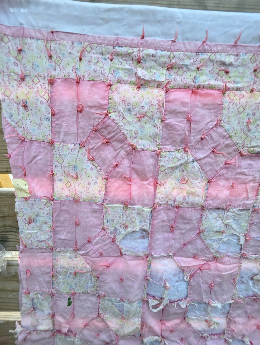 Vintage Hand Pieced Tied Bow Tie Pink Quilt Fragment 28x31 Cottage Farmhouse D
