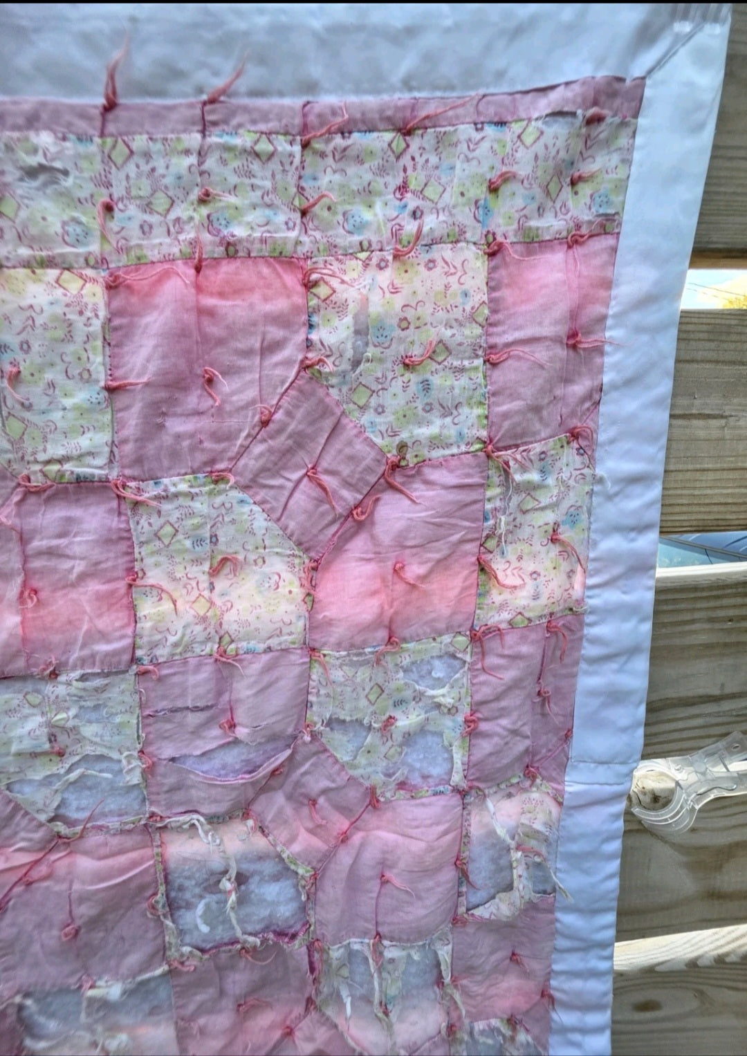Vintage Hand Pieced Tied Bow Tie Pink Quilt Fragment 28x31 Cottage Farmhouse D