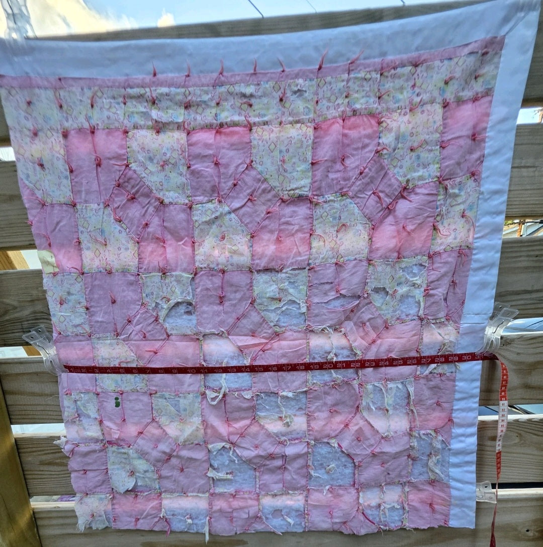 Vintage Hand Pieced Tied Bow Tie Pink Quilt Fragment 28x31 Cottage Farmhouse D