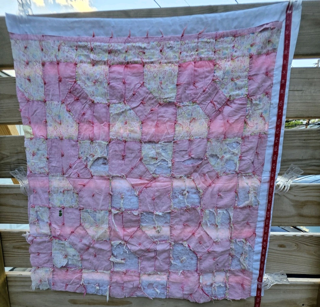 Vintage Hand Pieced Tied Bow Tie Pink Quilt Fragment 28x31 Cottage Farmhouse D