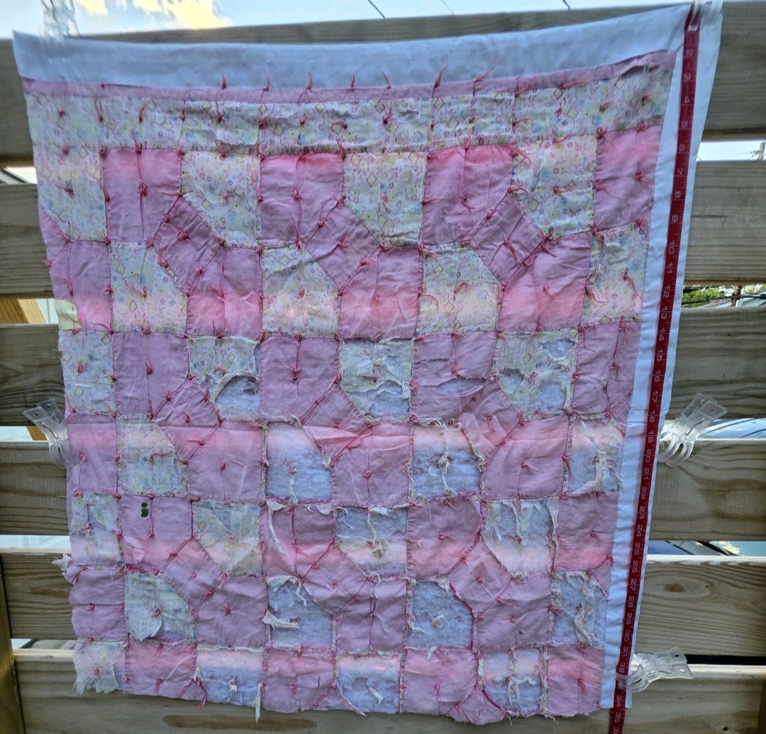 Vintage Hand Pieced Tied Bow Tie Pink Quilt Fragment 28x31 Cottage Farmhouse D