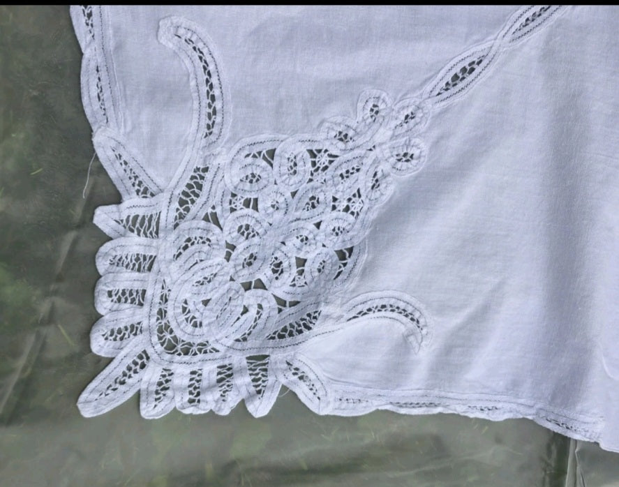 Vintage White Cotton Lace Bedspread Twin  Tablecloth 62" x 95" Floral Cutwork