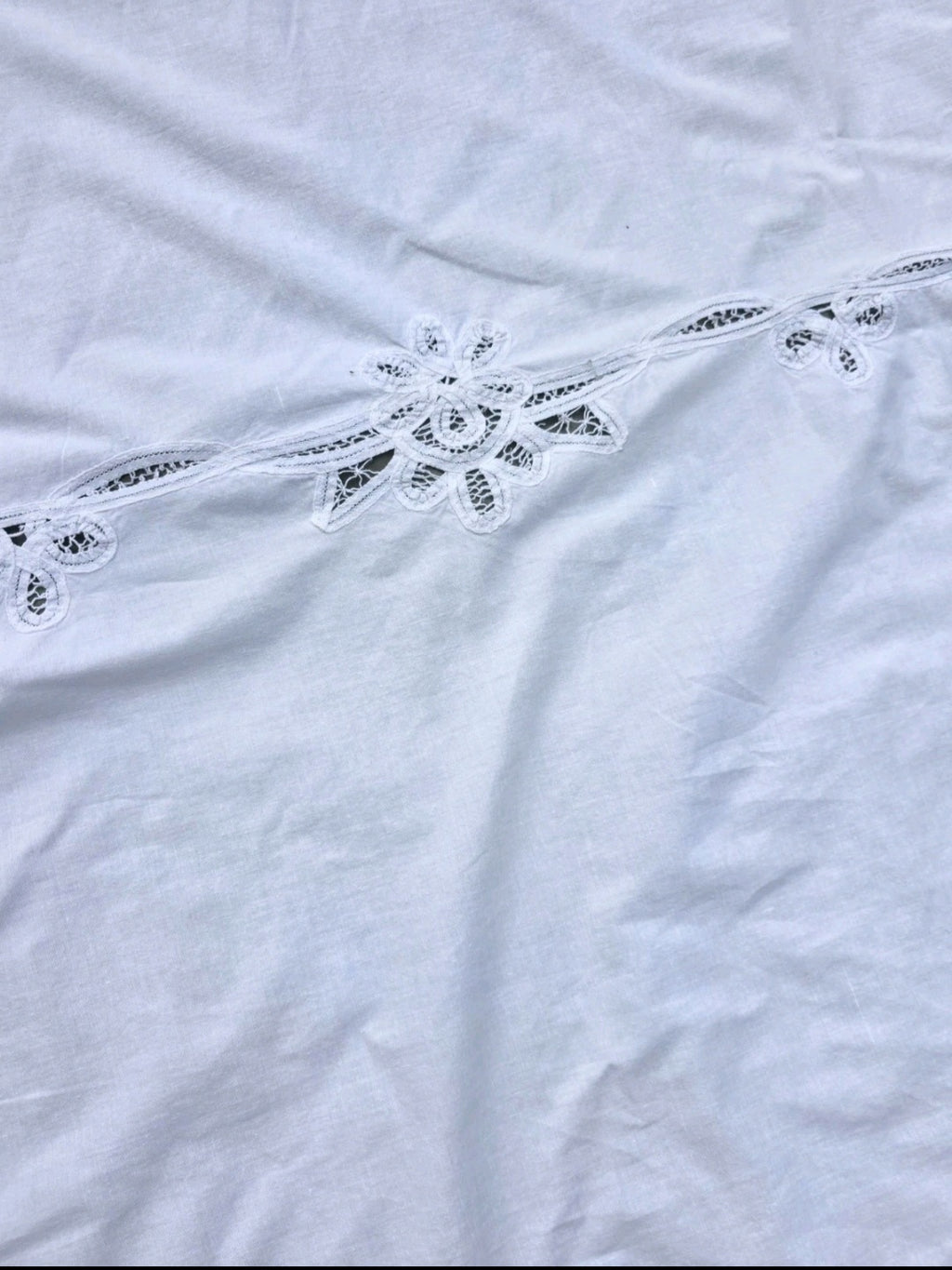 Vintage White Cotton Lace Bedspread Twin  Tablecloth 62" x 95" Floral Cutwork