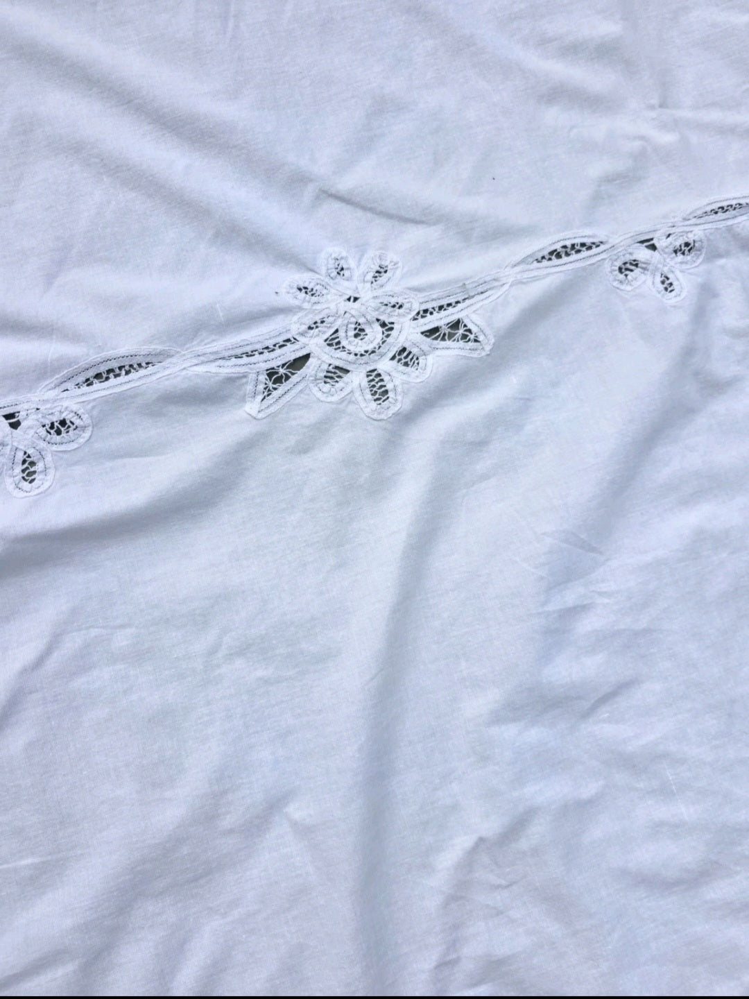 Vintage White Cotton Lace Bedspread Twin  Tablecloth 62" x 95" Floral Cutwork