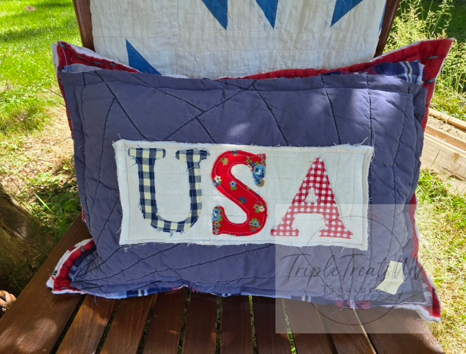 Vintage Quilt Americana USA Pillow | Handmade Patriotic Throw Pillow E
