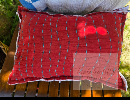 One-of-a-Kind Patriotic Pillow — Handmade from Vintage Quilt, Denim & Upcycled Dress (G)