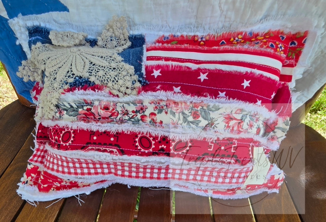 Vintage Lace Americana Pillow | Handmade Patriotic Accent Pillow D