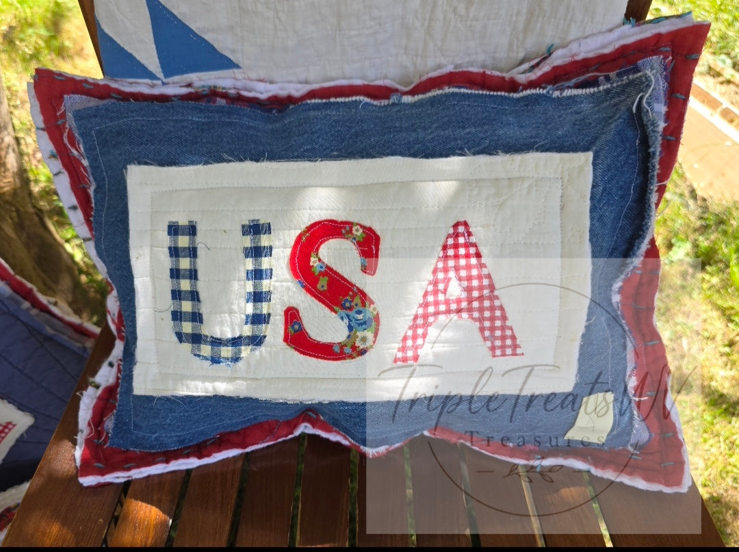 Vintage Quilt Americana USA Pillow | Handmade Patriotic Throw Pillow A